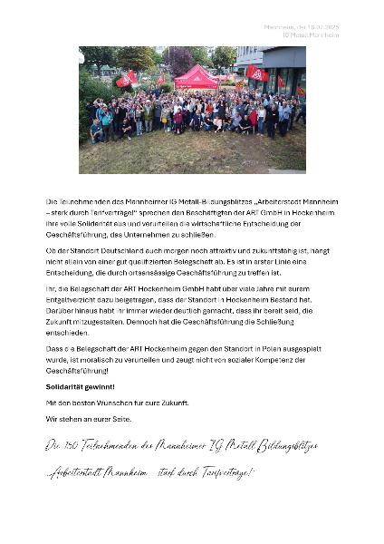 Solidaritätserklärung der Mannheimer IG Metall mit den ART-Beschäftigten
