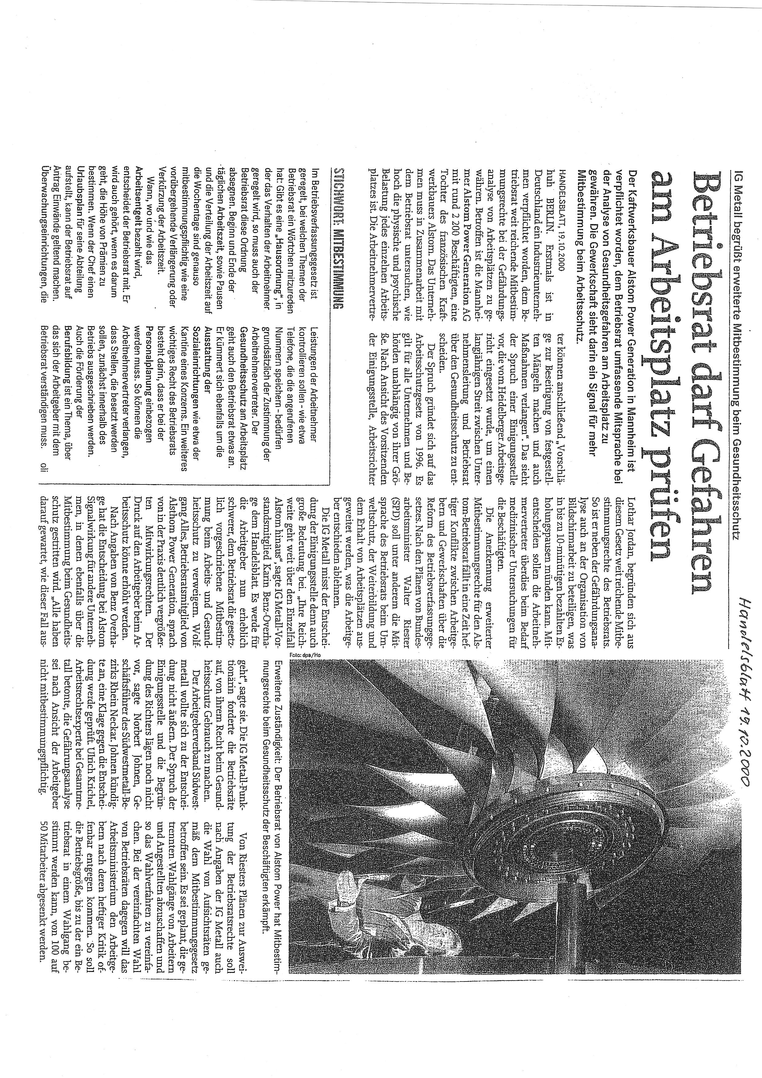 Artikel im Handelsblatt 19.10.2000