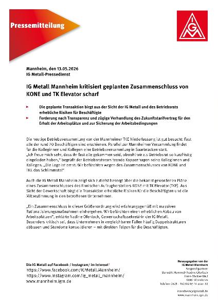 Pressemitteilung zum Zusammenschluss von TKE und KONE