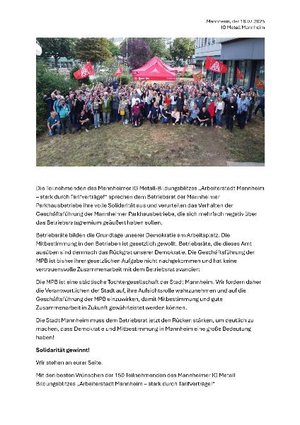Solidaritätserklärung der Mannheimer IG Metall mit dem BR der Mannheimer Parkhausbetriebe